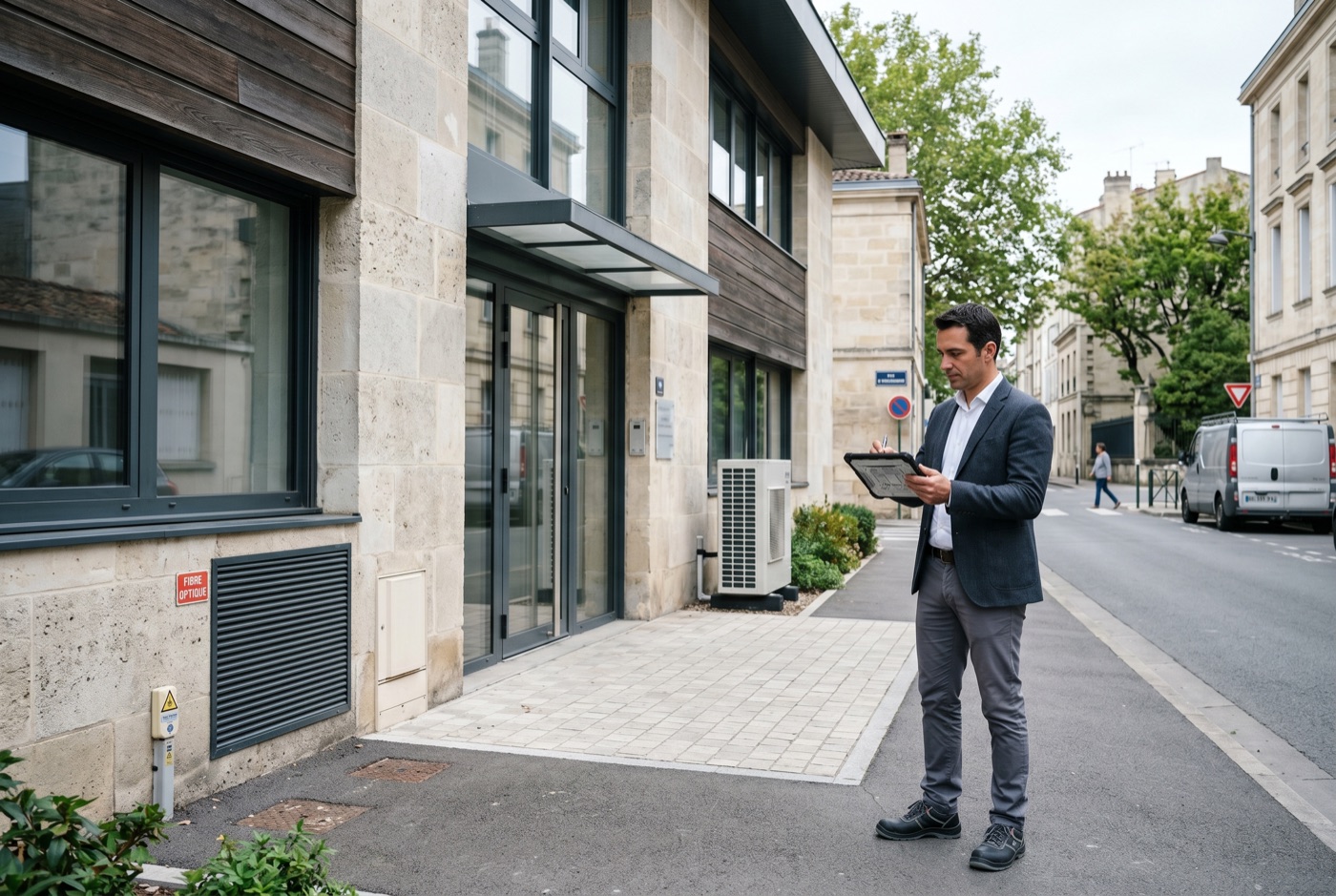 Chargé d'affaires S2EE devant un immeuble — accompagnement rénovation énergétique