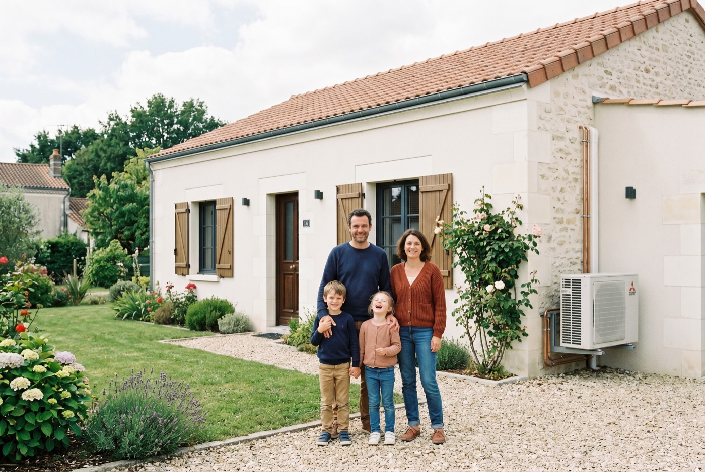 Famille devant sa maison rénovée avec pompe à chaleur S2EE