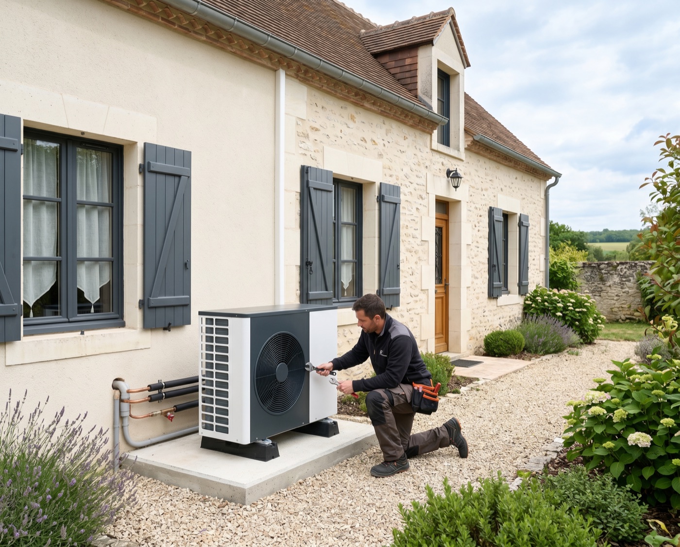 Pompe à chaleur S2EE installée sur pavillon — technicien en mise en service