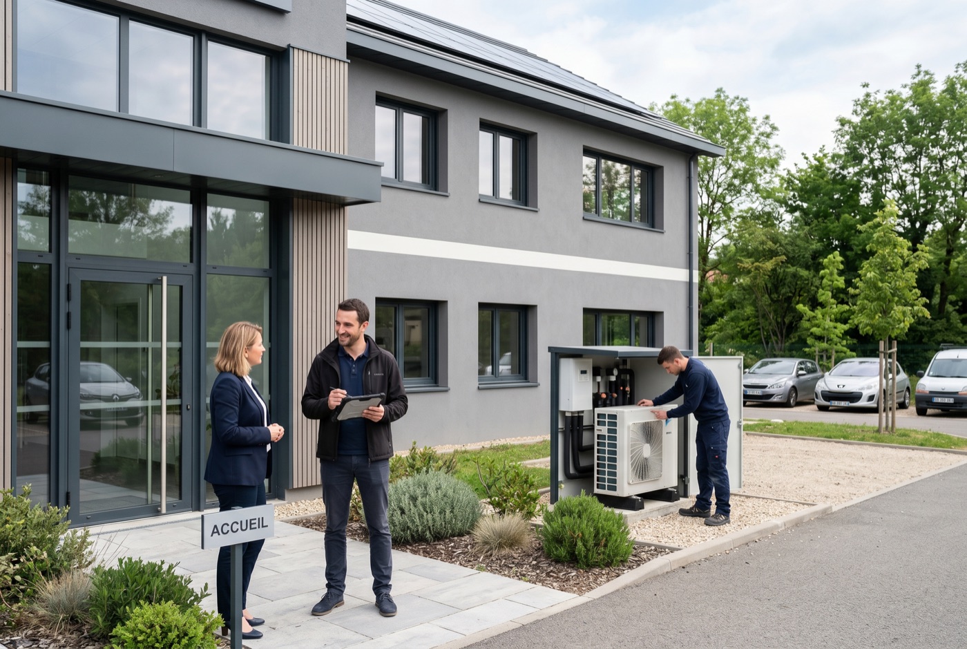 Bâtiment tertiaire équipé en pompe à chaleur — équipe S2EE sur site