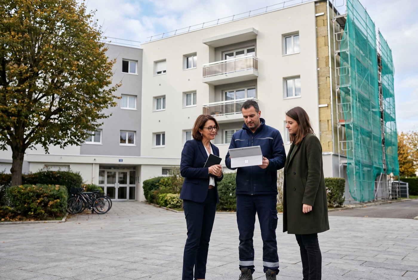 Équipe S2EE devant une résidence collective accompagnée en rénovation